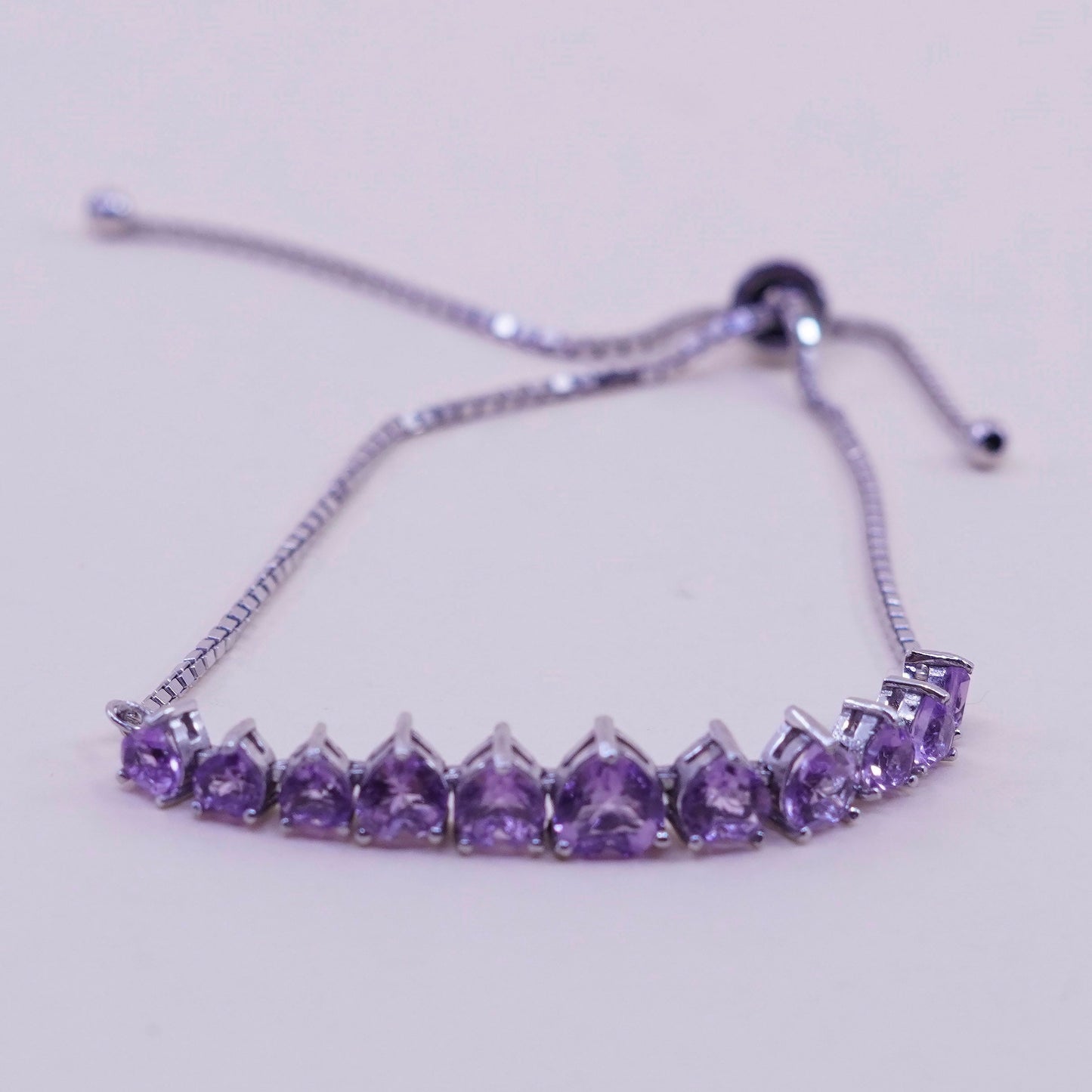 Size adjustable, Vintage sterling silver bracelet, 925 box chain heart amethyst
