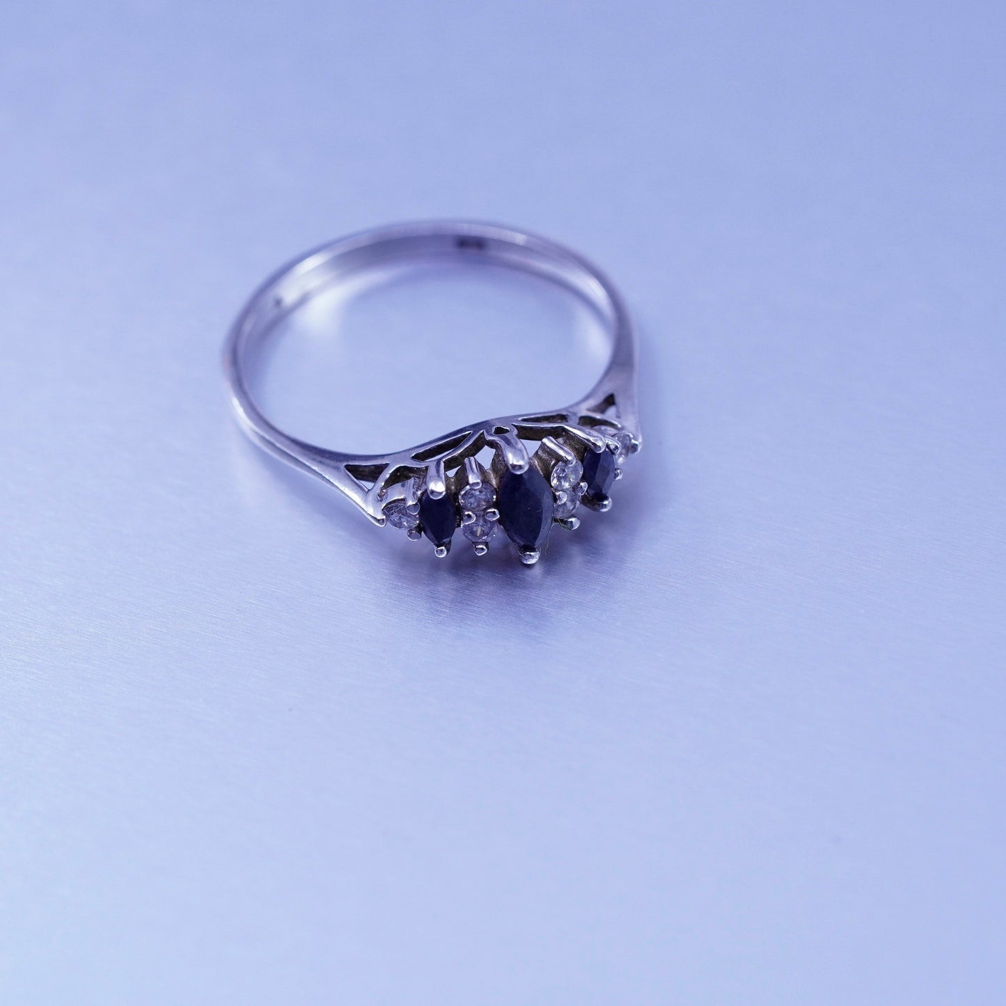 Size 11.25, vintage Sterling 925 silver handmade ring with sapphire and cz