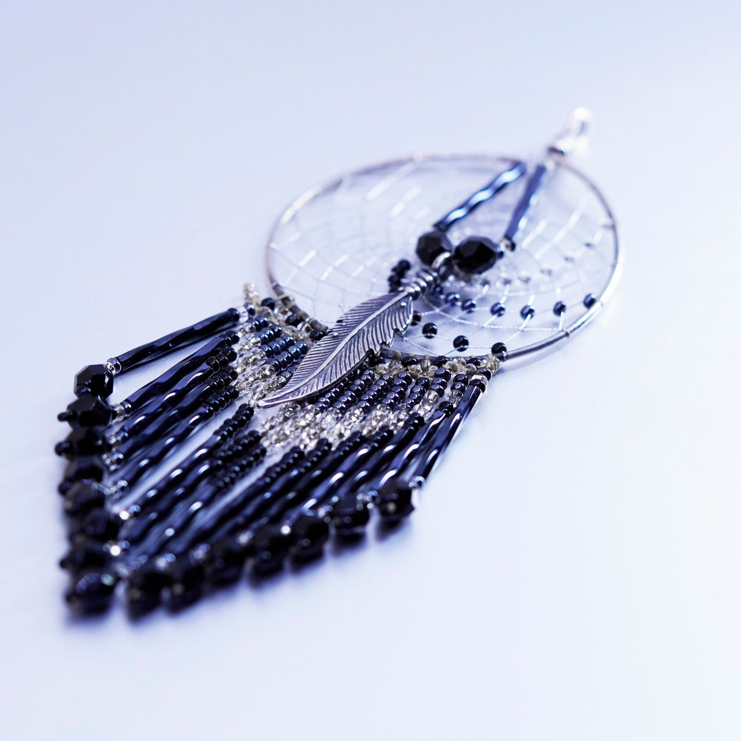 Native American sterling 925 silver net feather pendant w/ onyx crystal fringe