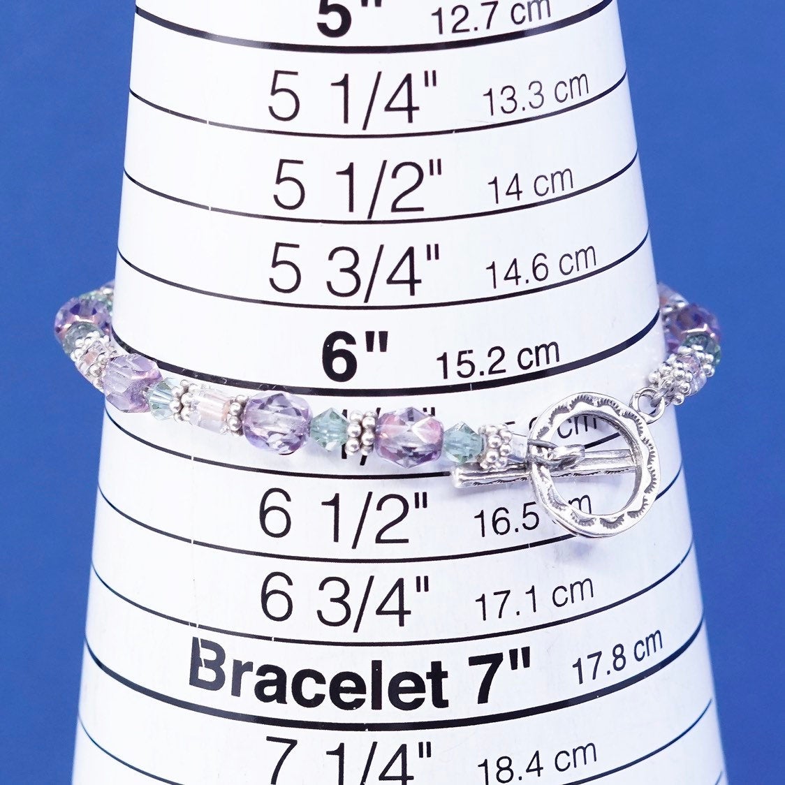 6.25”, vtg sterling silver handmade bracelet, 925 w/ purple crystal beads