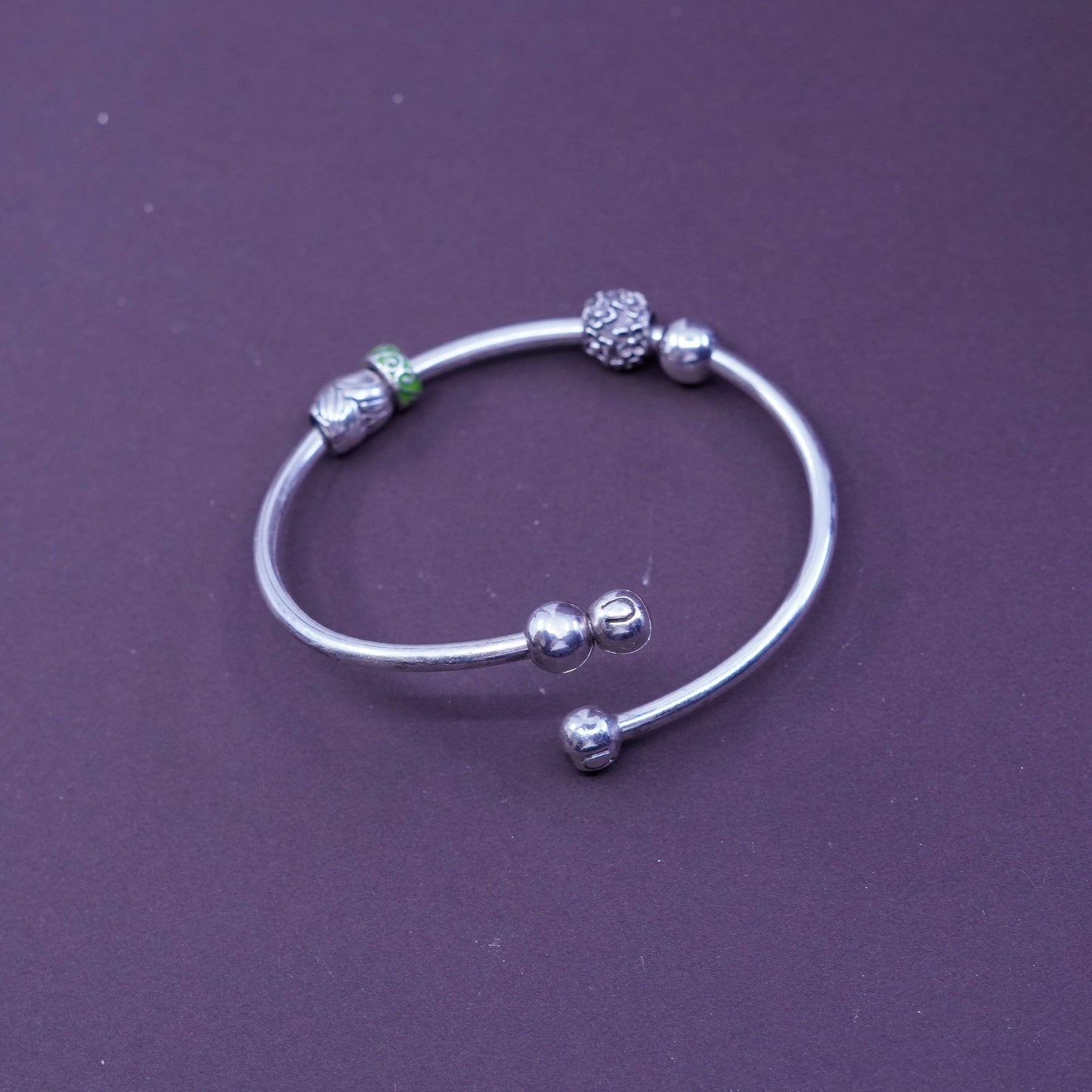 6.5”, antique sterling silver handmade bracelet, 925 wrap bangle with heart flower bead charms, stamped 925 U