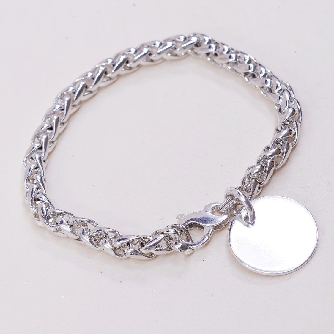 7", VTG sterling silver handmade bracelet, 925 wheat link chain w/ blank charm