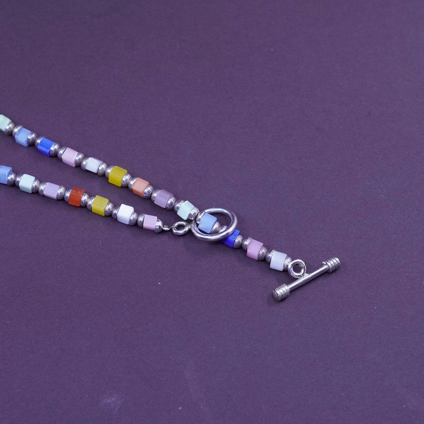 18”, sterling silver handmade necklace, 925 heishi chain with cats eye beads