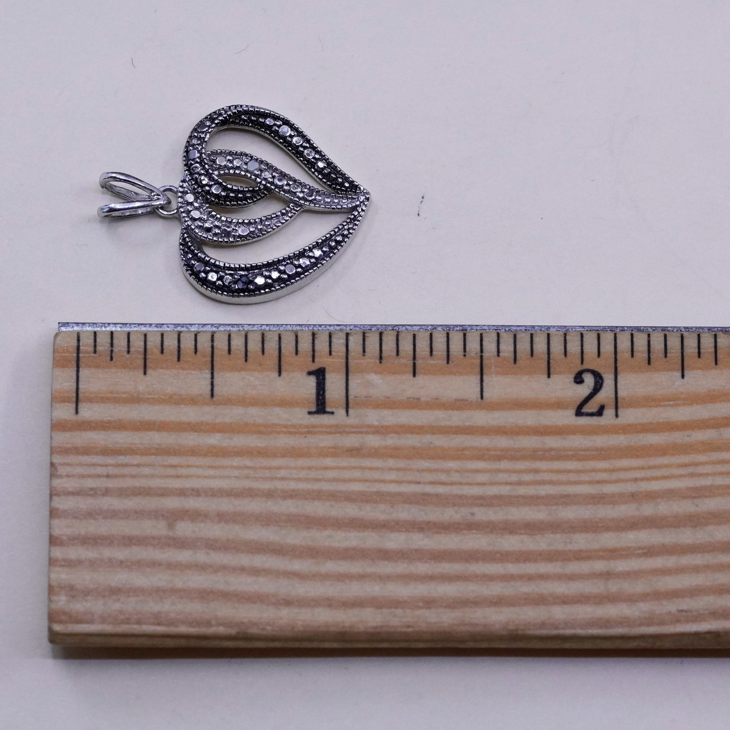 Vintage sterling silver pendant, 925 double heart with genuine diamond