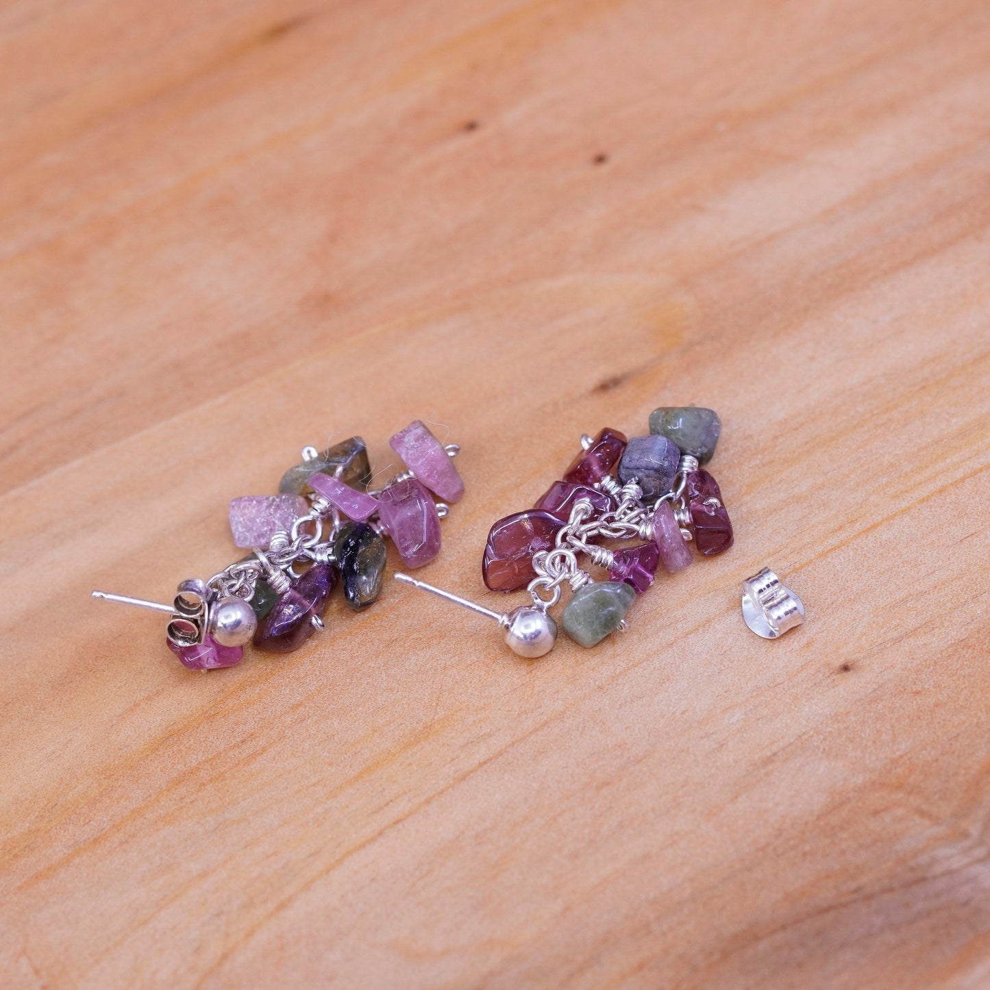 Vintage Sterling 925 silver Handmade earrings with cluster amethyst jade