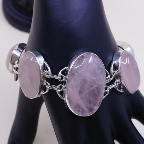 7+0.5”, Vtg Sterling Silver Handmade Bracelet W/ Huge Pink Quartz N Toggle Closu