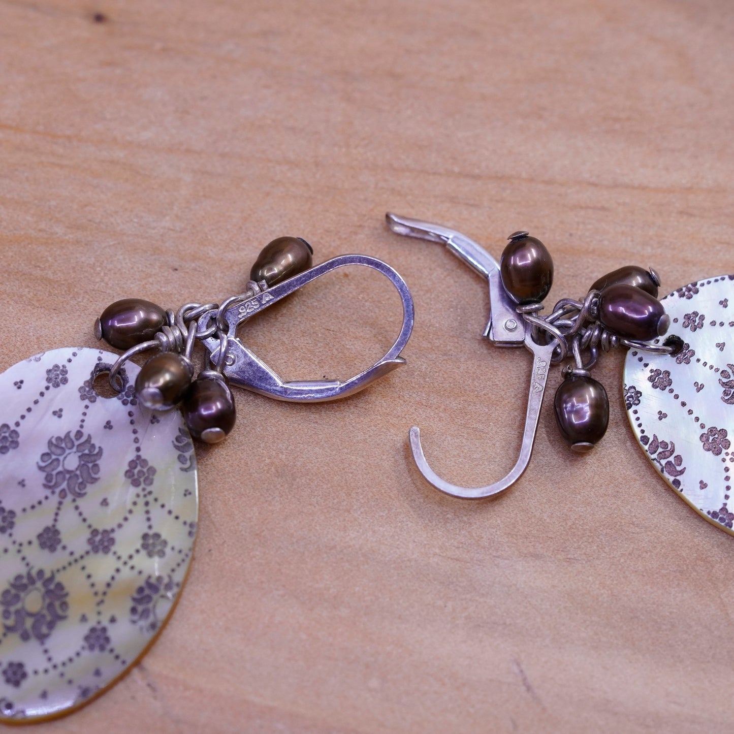 Vintage Sterling 925 silver Handmade earrings with cluster pearl abalone disc