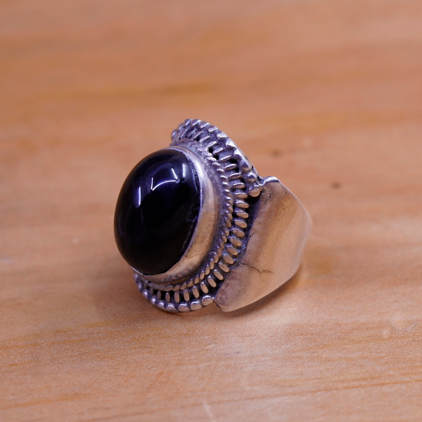 Size 7, vintage Sterling 925 silver handmade ring with oval obsidian and beads