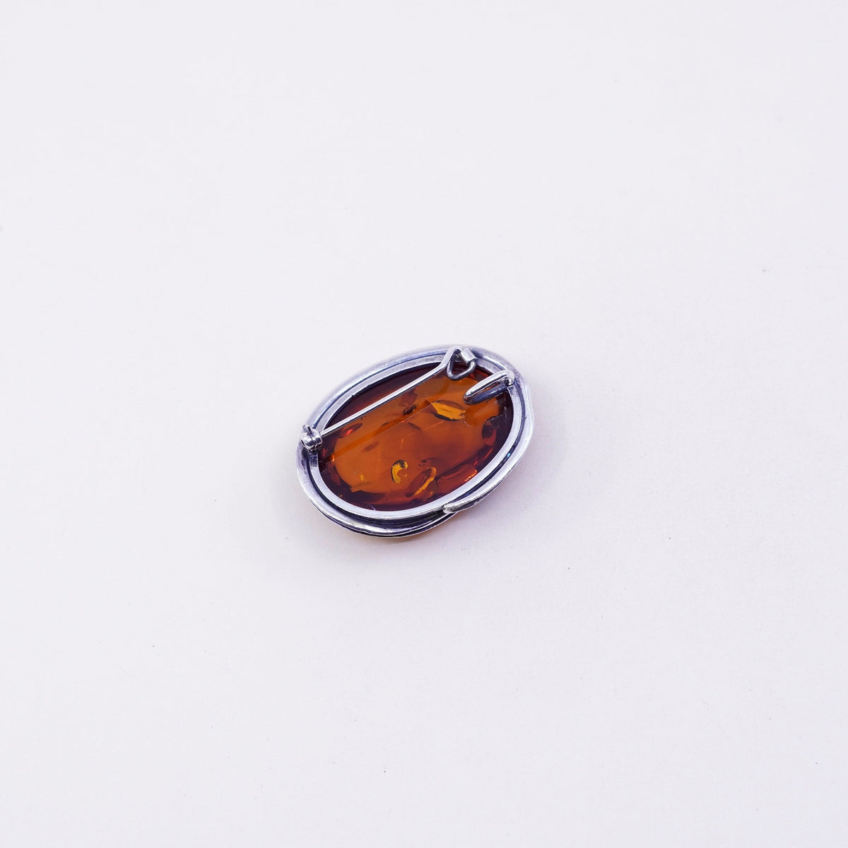 Vintage sterling silver handmade brooch, 925 oval amber pin pendant