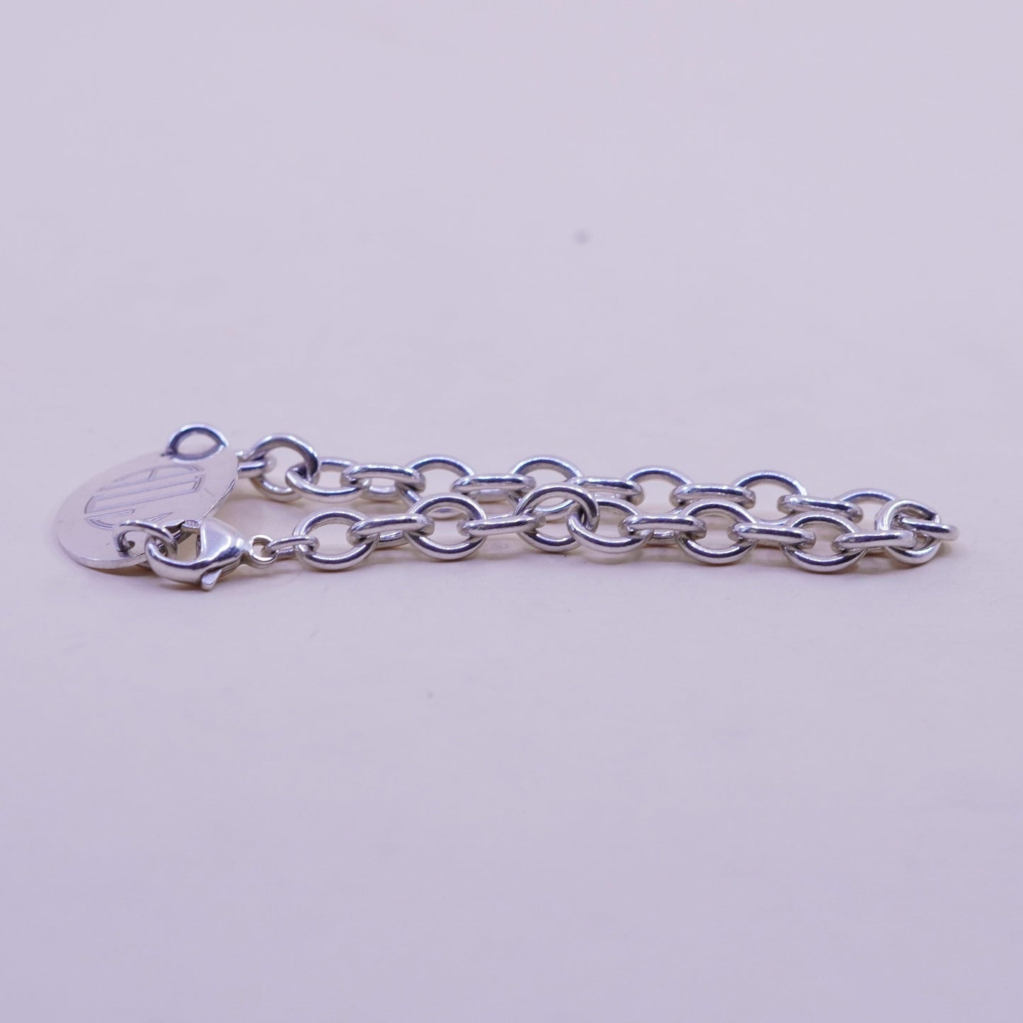 7”, Vintage sterling silver circle chain, 925 bracelet monogram initial “ADJ”