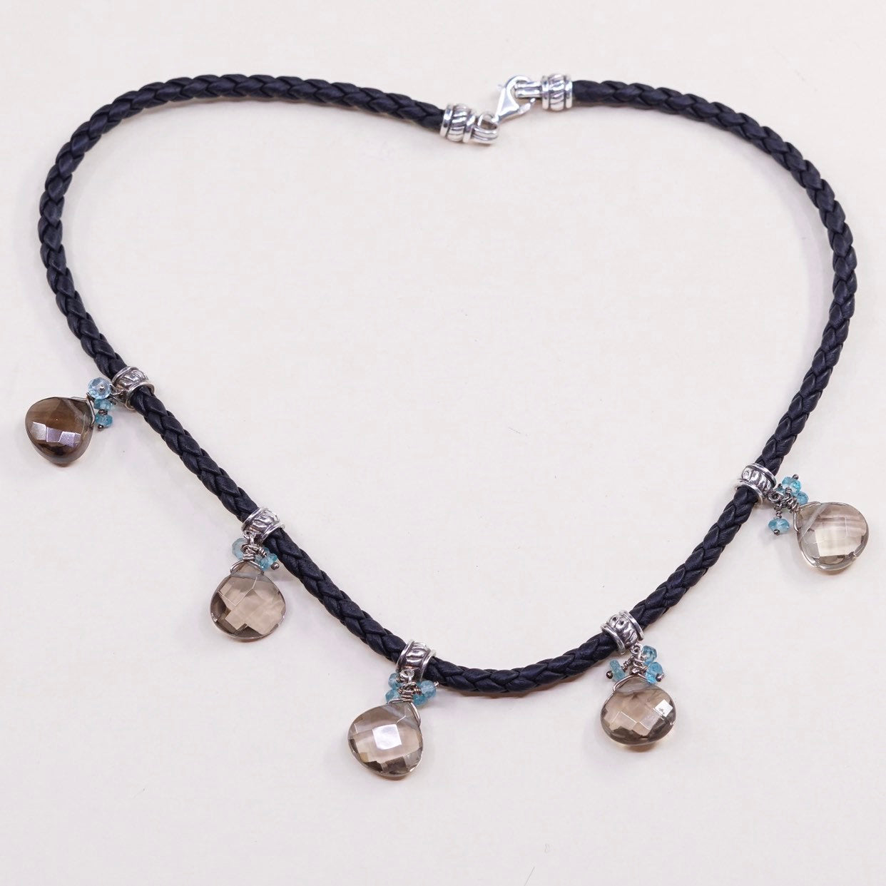 16", sterling silver choker collar necklace w/ leather Teardrop topaz charm