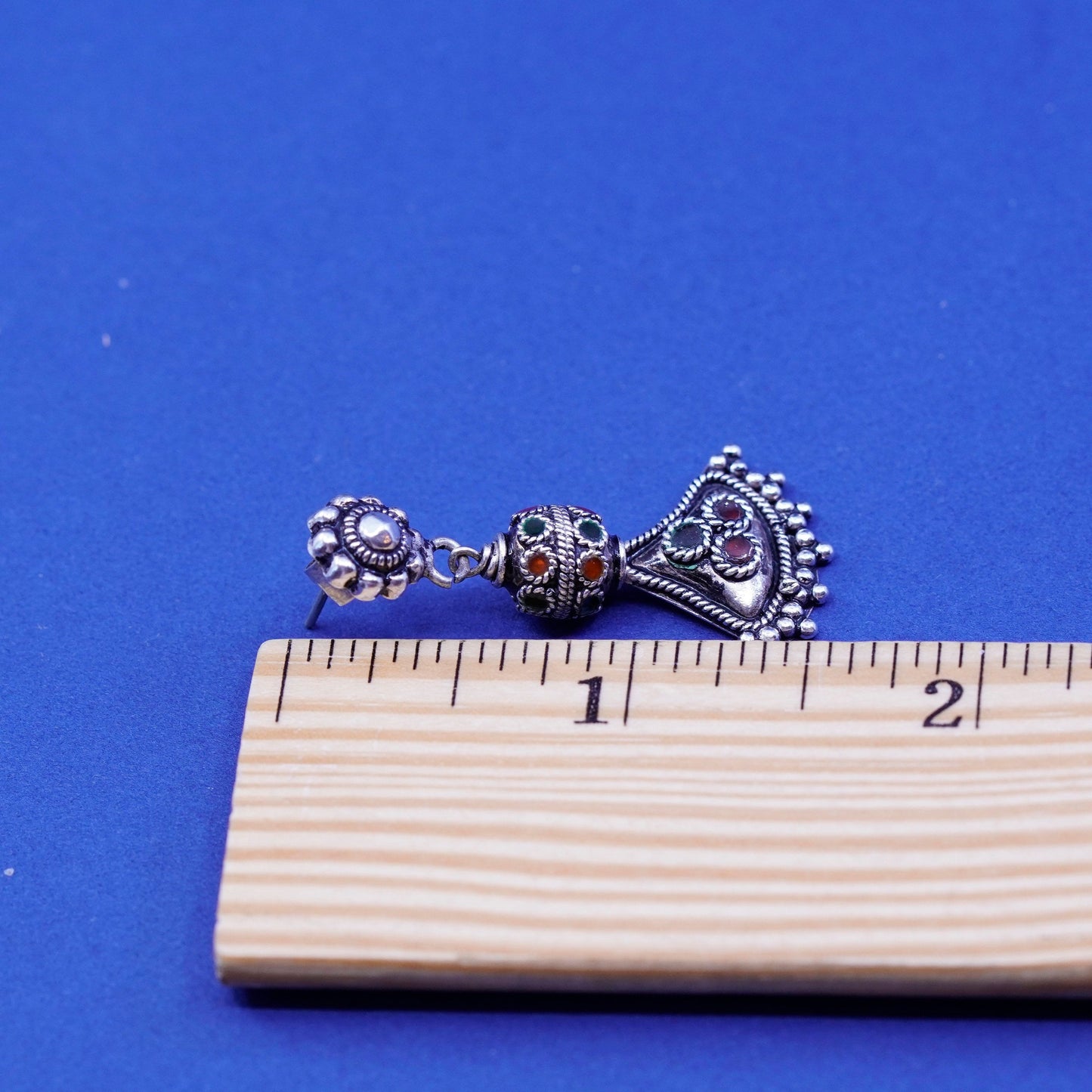 Vintage sterling silver handmade earrings, bali 925 drop with enamel