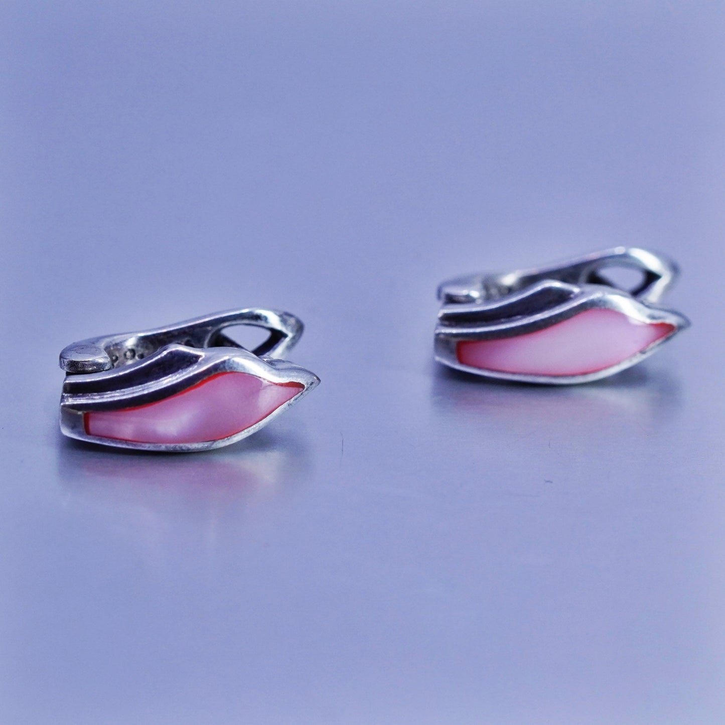 0.75”, Sterling silver handmade earrings, 925 huggie hoops pink mother of pearl
