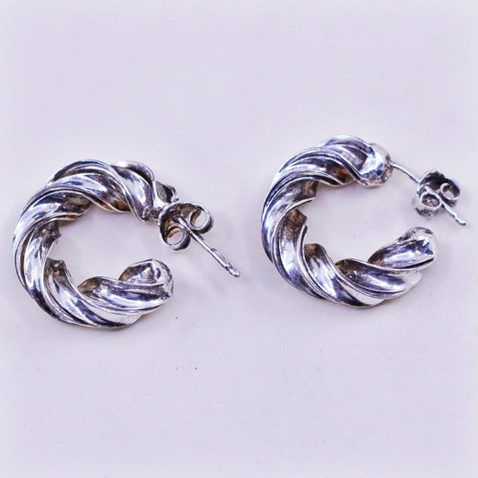 0.75”, Italy sterling silver huggie earrings, entwined twisted primitive hoops