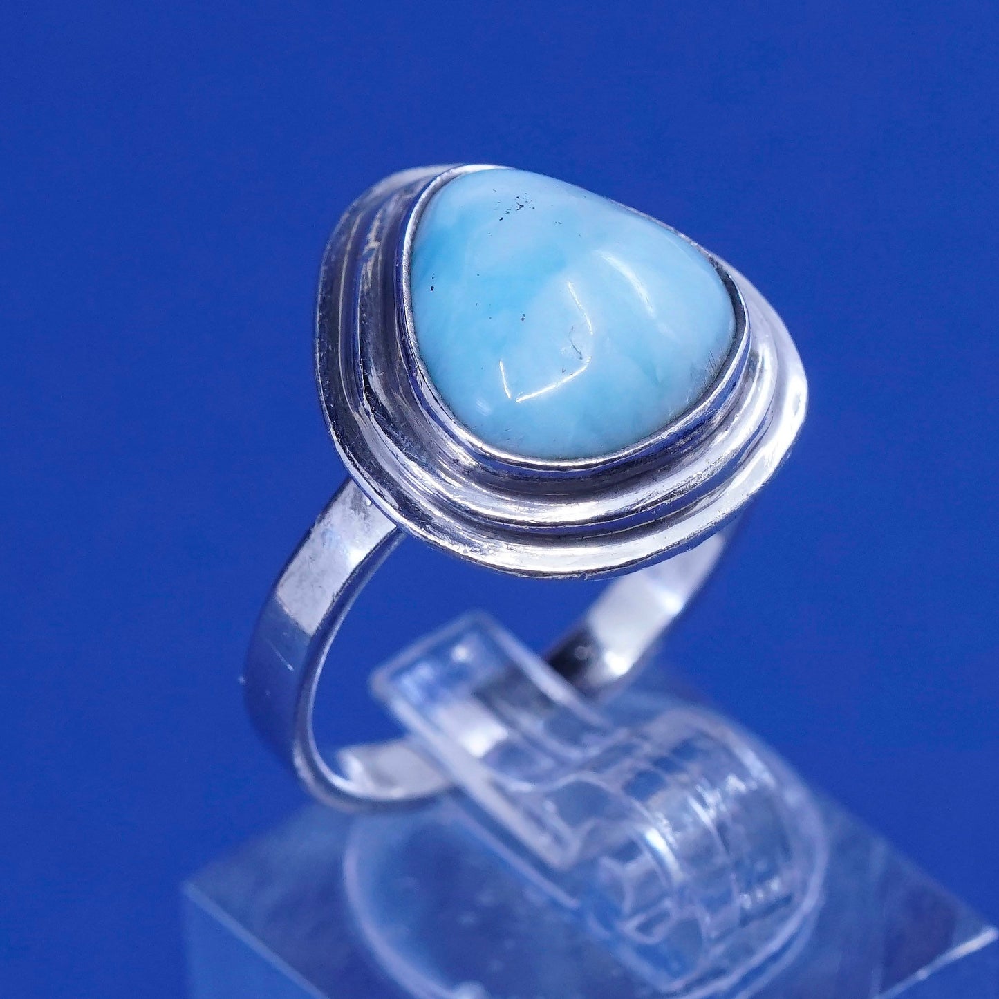 Size 7.75, Vintage sterling 925 silver handmade ring with larimar, stamped 925