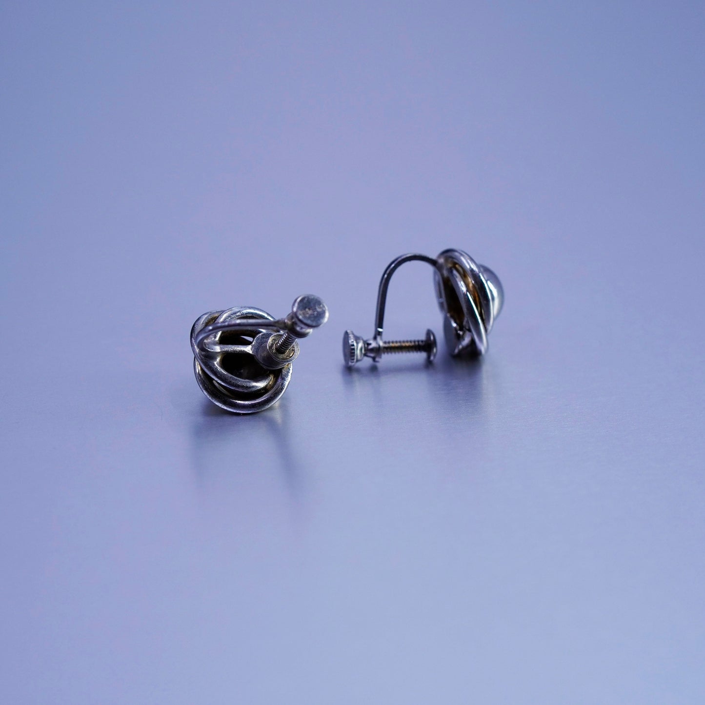 modern Sterling 925 silver handmade earrings, screw back bead with entwined