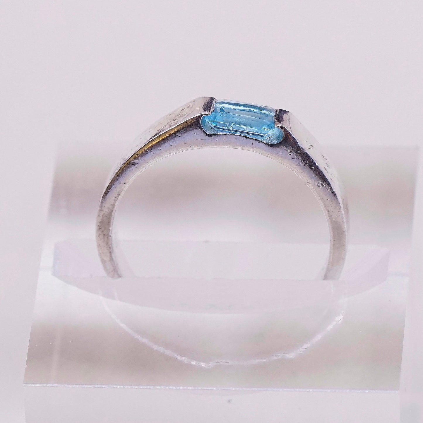 sz 7.25, vtg Sterling silver statement ring, 925 stackable band w/ blue topaz