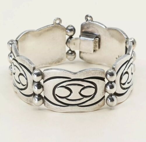 7”, Vintage Wide Heavy Beto Taxco Mexico 5 Panel Sterling Silver Bracelet