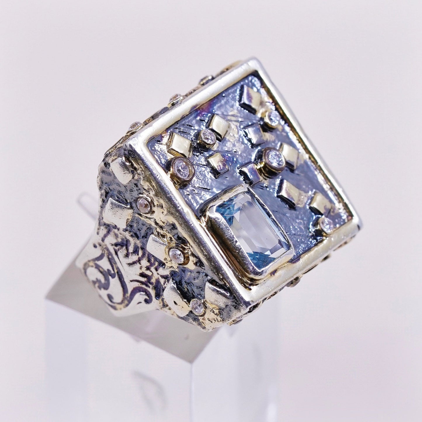 Size 8.5, vtg two tone sterling 925 silver statement ring w/ topaz N crystal