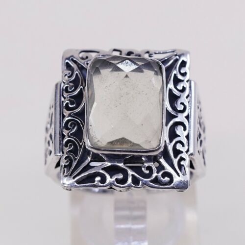 Sz 9, Vtg Sterling Silver Handmade Ring, 925 W/ Checker Cut Chalcedony Aqua