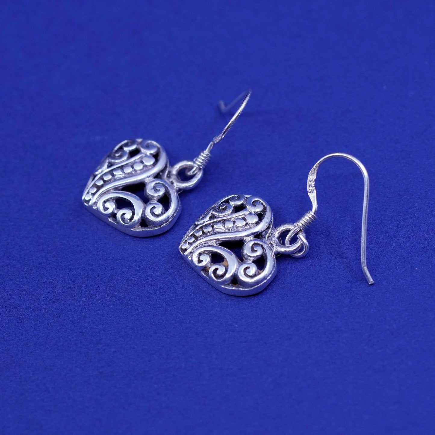 Vintage Sterling silver handmade earrings, 925 Bali filigree heart drops