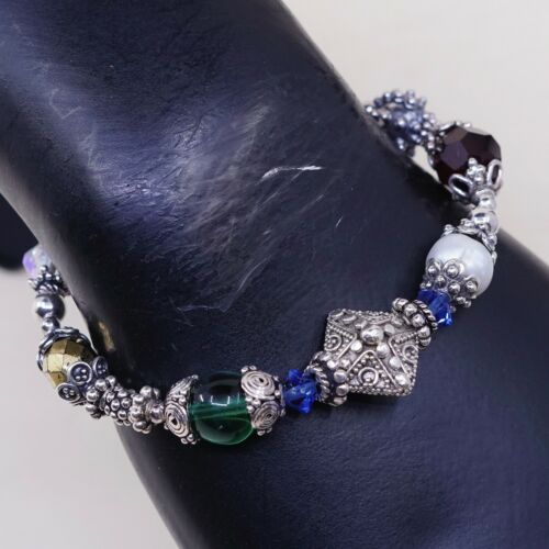 6.75”, Vtg Sterling Silver Handmade Bracelet 925 Bali W/ Swarovski Crystal Beads