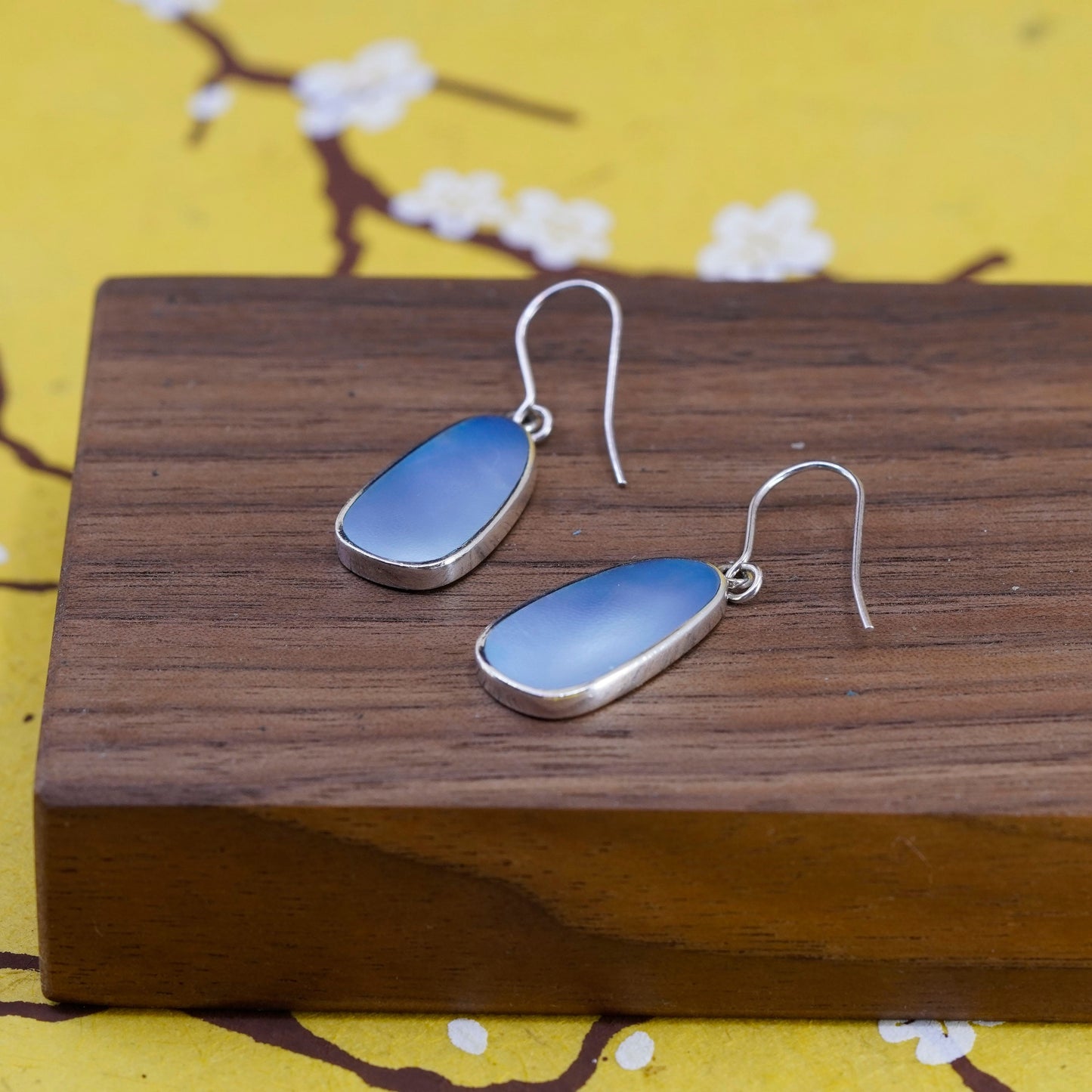 Vintage Sterling silver handmade earrings, 925 oval with blue mother of pearl