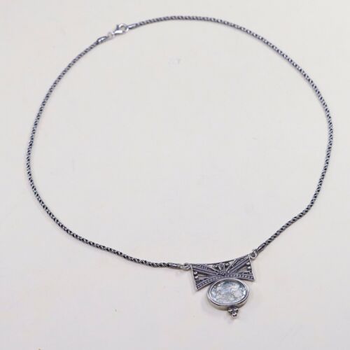 18” 2mm, Vtg 925 Sterling 925 Silver Twisted Snake chain Necklace W/ Roman Glass