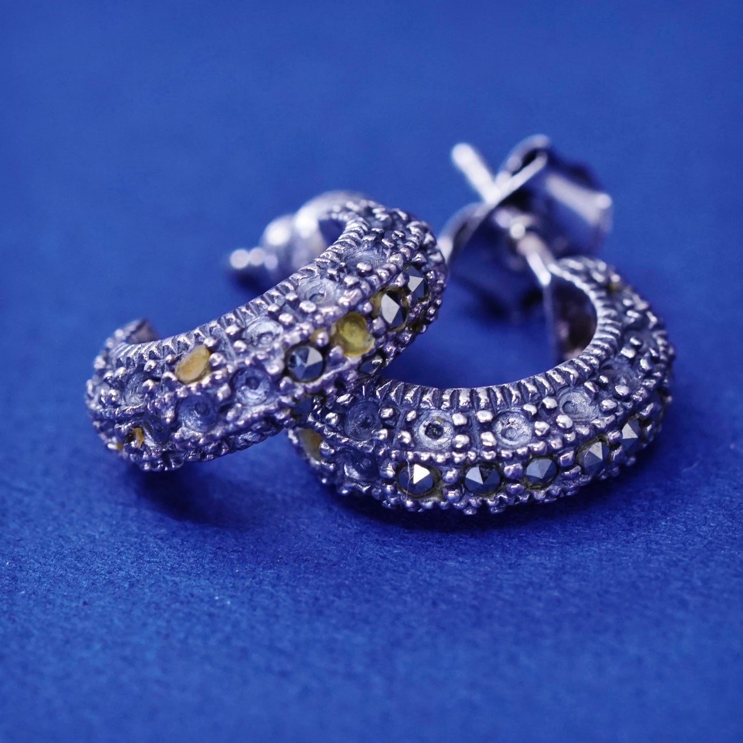 0.5”, Sterling silver handmade earrings, 925 hoops w/ marcasite details, huggie