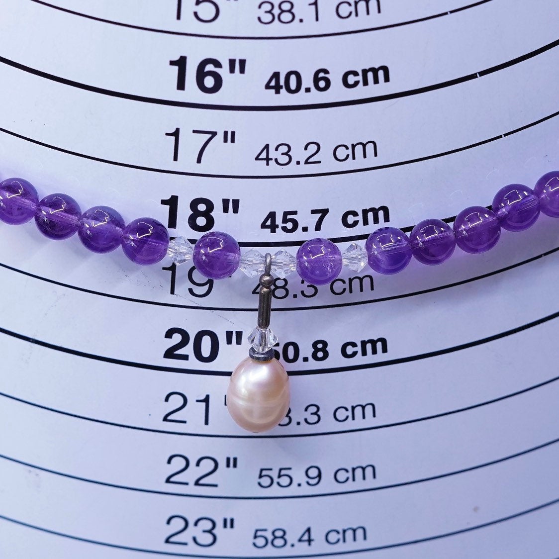 18”, Sterling silver necklace, 925 circle chain w/ amethyst beads pearl pendant