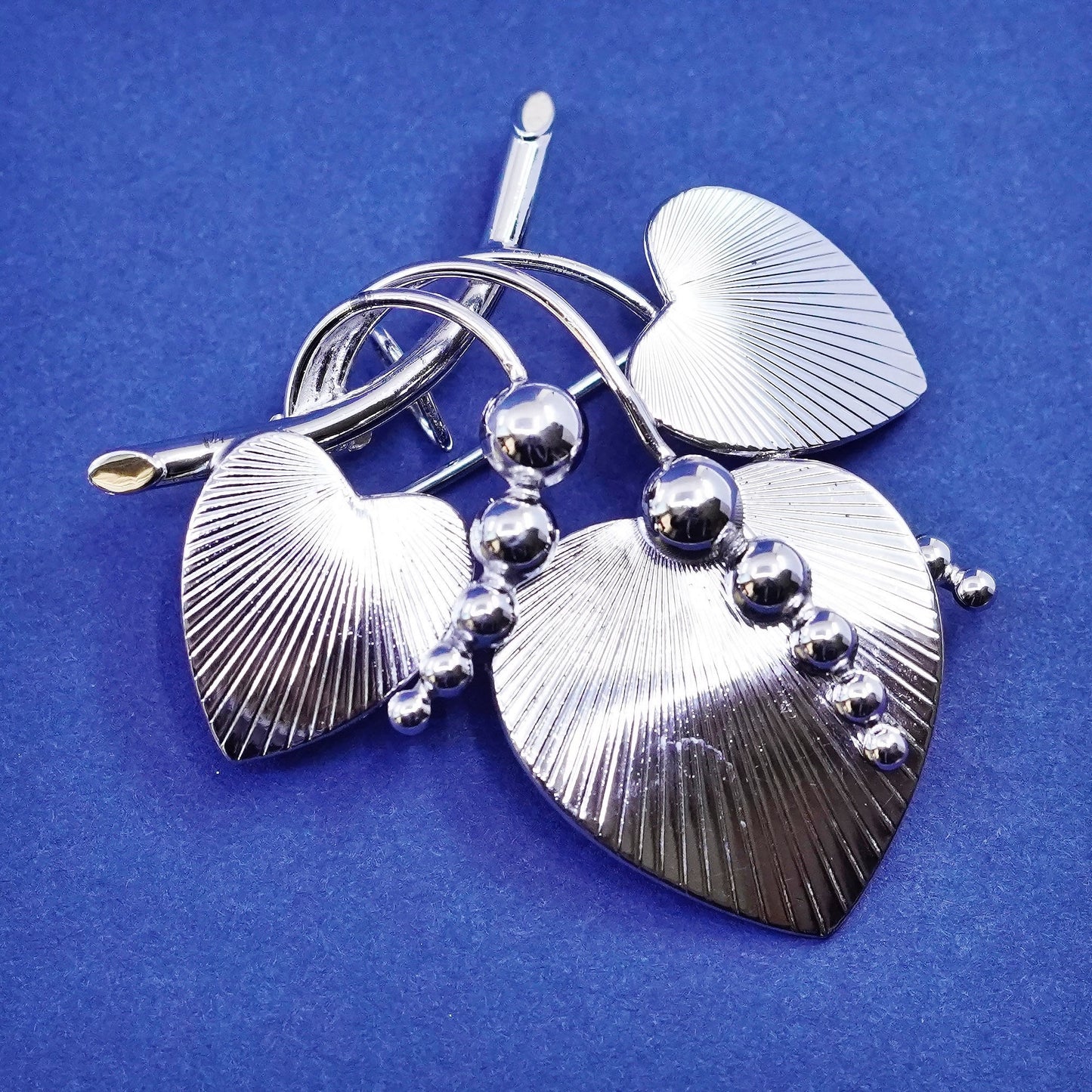 Vintage 1950s sterling silver brooch, 925 modern leaf pin with beads