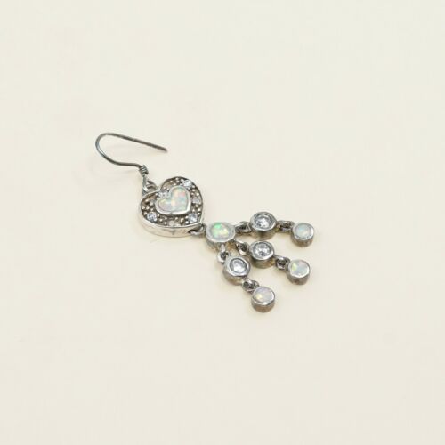 Sterling Silver Handmade Earrings, 925 Silver Heart W/ Opal & Marcasite