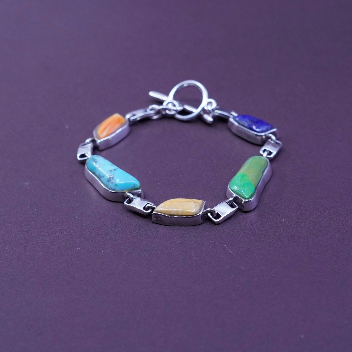 6.75”, mexico Sterling 925 silver bracelet with lapis lazuli amber turquoise