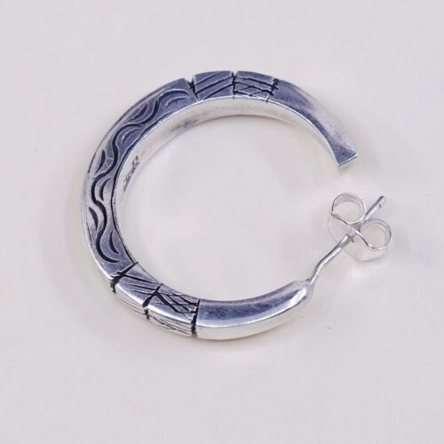 1”, Vtg 925 Sterling Silver Handmade Hoop Earrings, 925 Studs Textured huggie