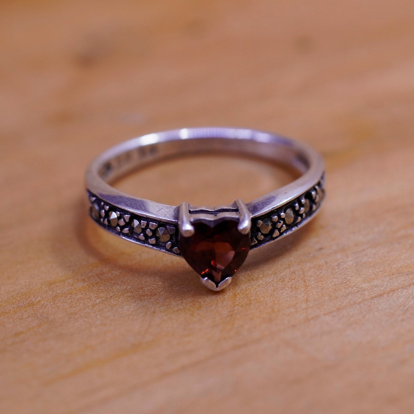 Size 8.5, Sterling 925 silver handmade statement ring heart ruby marcasite