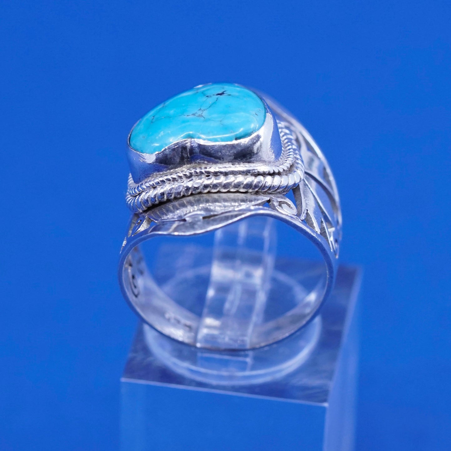 sz 7.5, Sterling 925 silver handmade ring w/ heart turquoise N swirl filigree