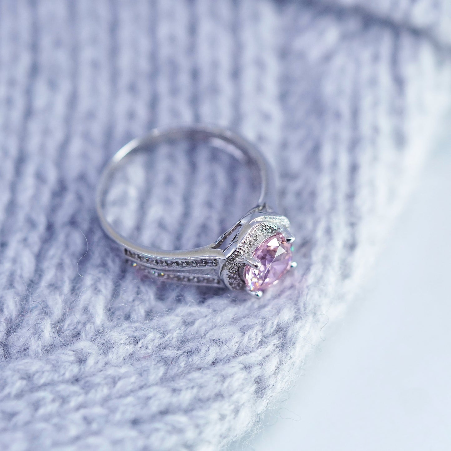 Size 8.25, vintage Sterling 925 silver handmade engagement ring with pink Cz