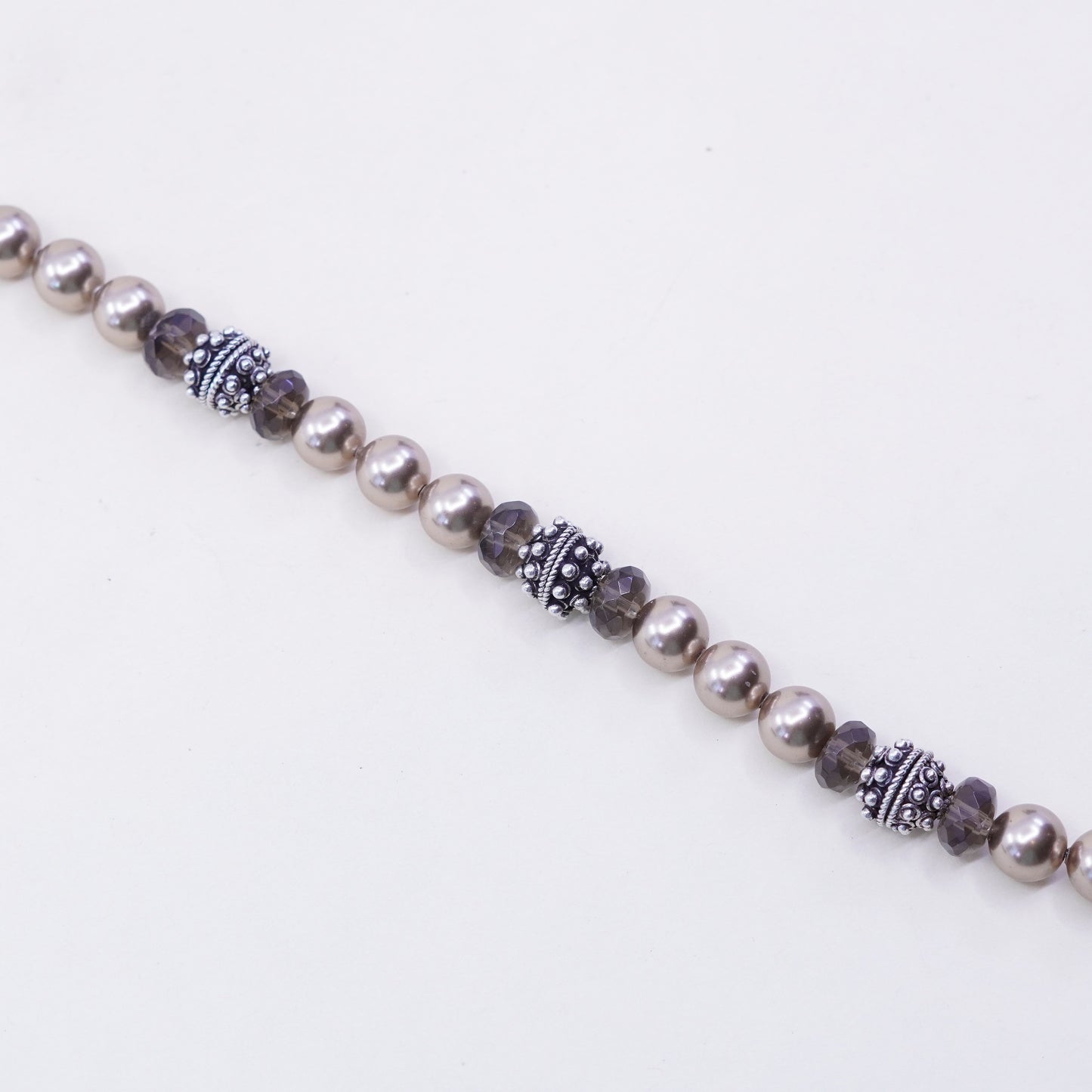 7”, Sterling silver handmade bracelet, 925 beads faux pearl smoky topaz beads