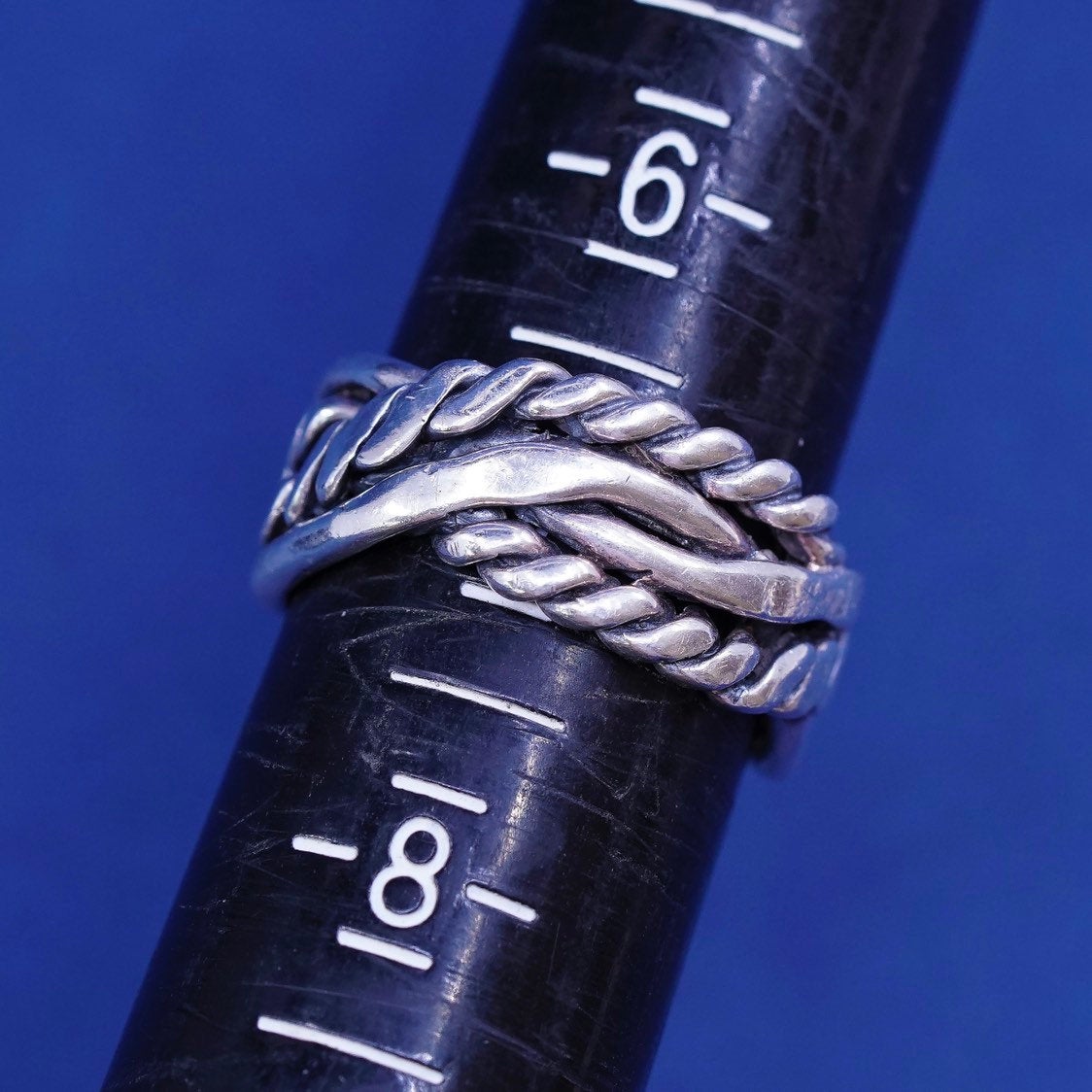 sz 7, vtg Sterling silver handmade ring, 925 band w/ woven rope