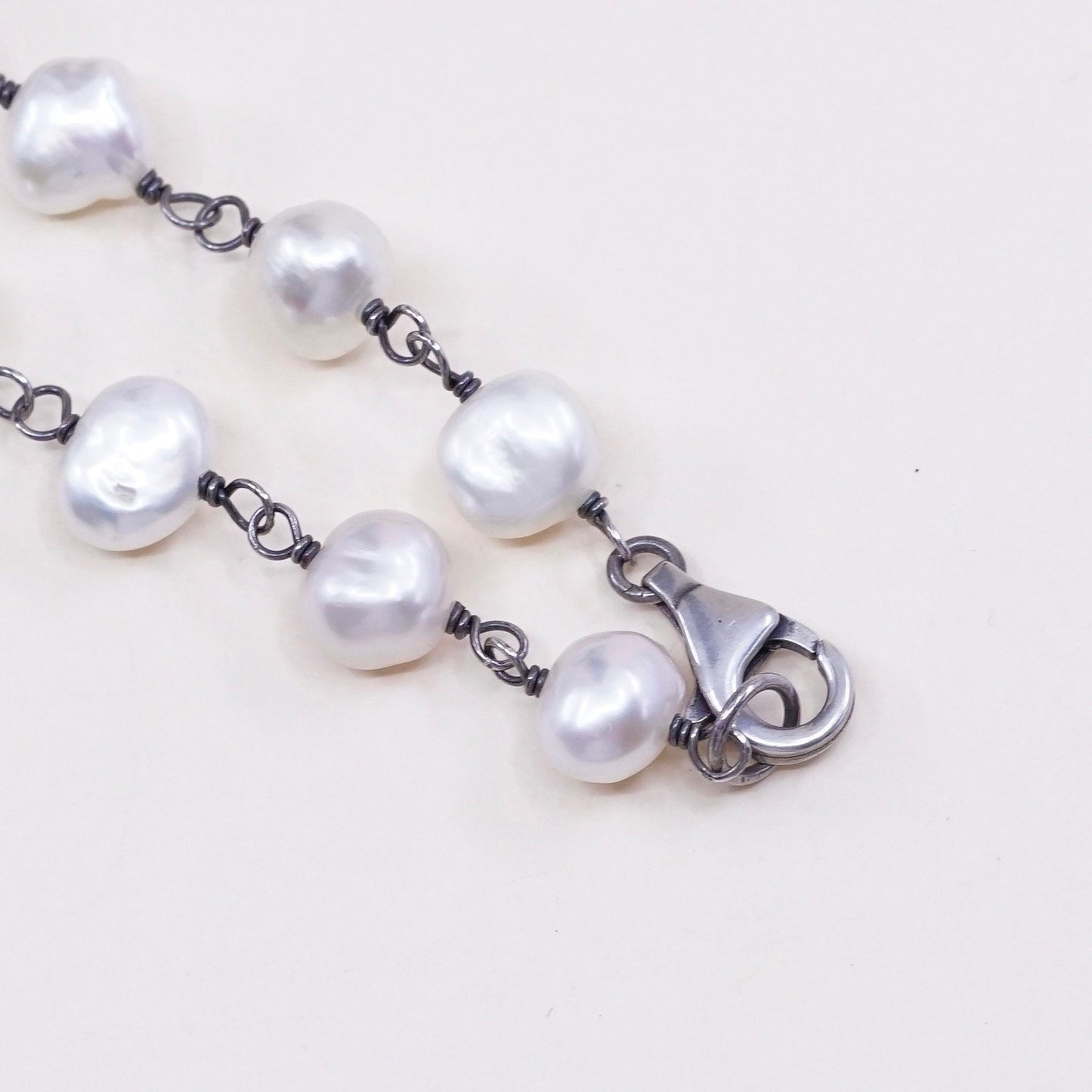 30”, Vintage handmade Sterling silver necklace with pearl beads details