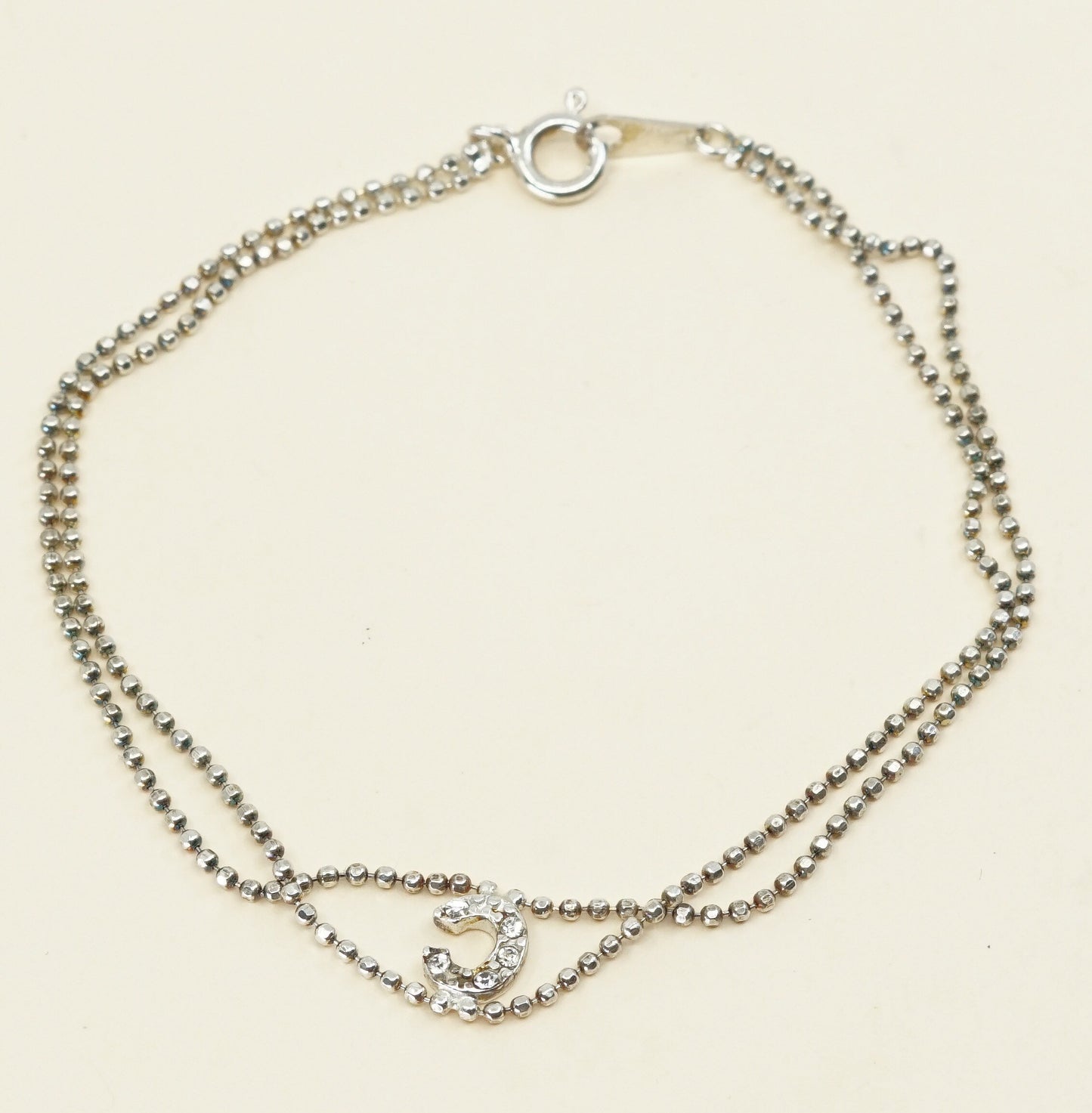 7", 1mm, vtg silver bracelet, 925 double strands beads w/ C N crystal