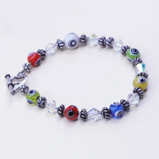 7”, handmade sterling silver bracelet, glass evil eye beads and heart closure
