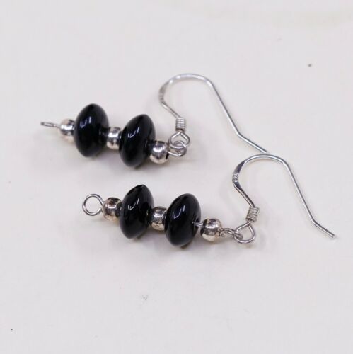 Vtg Southwestern Sterling 925 Silver Handmade Earrings W/ Obsidian Bead