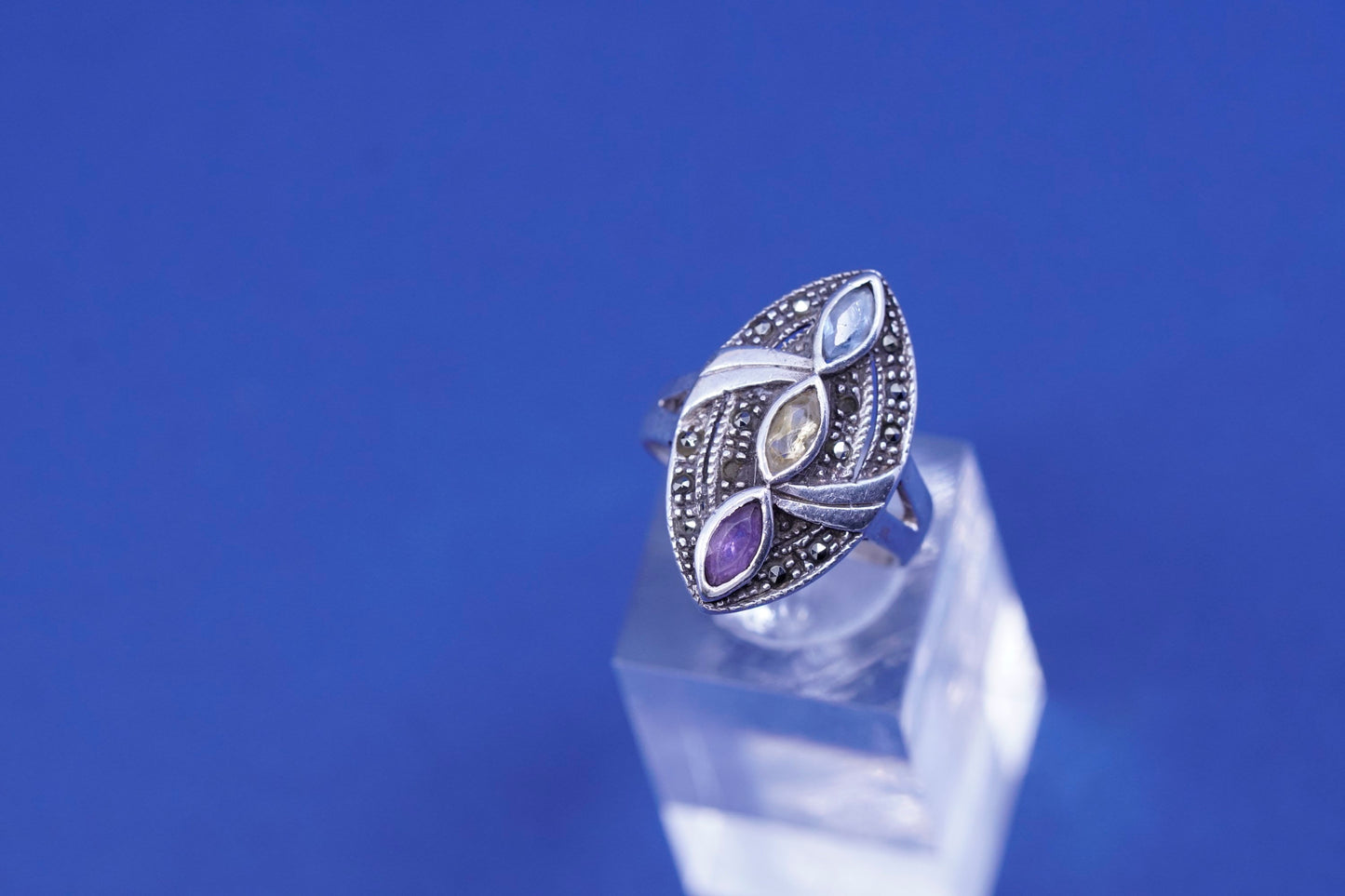 Size 7, THL Sterling 925 silver ring with amethyst topaz citrine marcasite