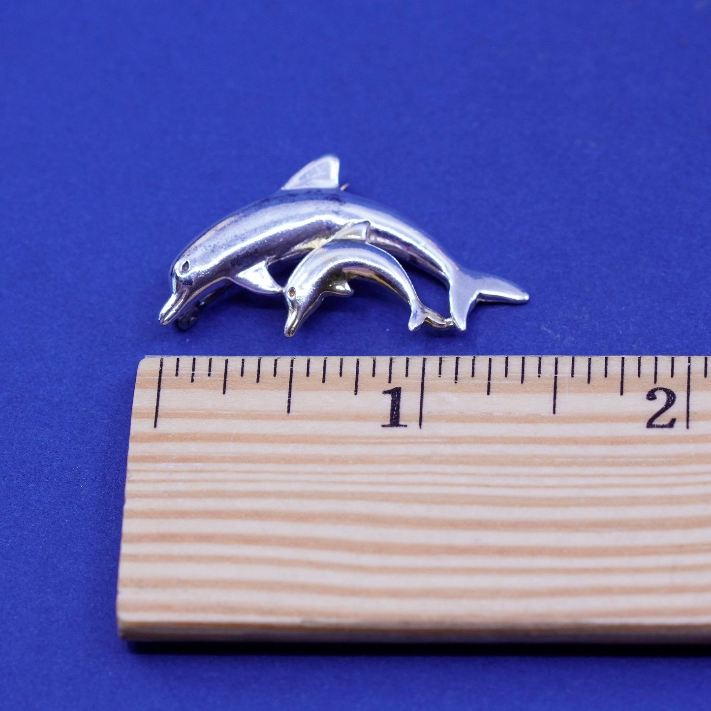 vintage Sterling 925 silver handmade brooch, mother baby dolphin pin