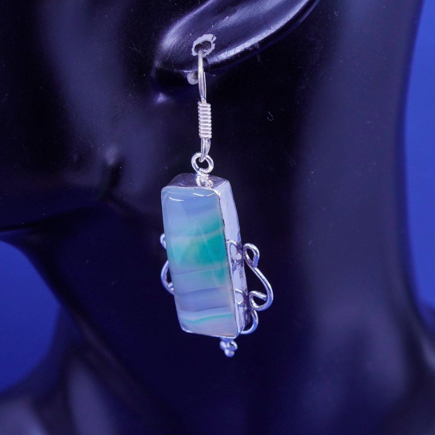 Vintage sterling silver handmade filigree earrings with rectangular jade