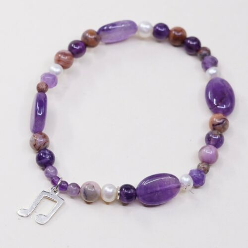 7”, Vtg Amethyst Elastic Bracelet W/ Pearl Beads N Sterling 925 Music Symbol