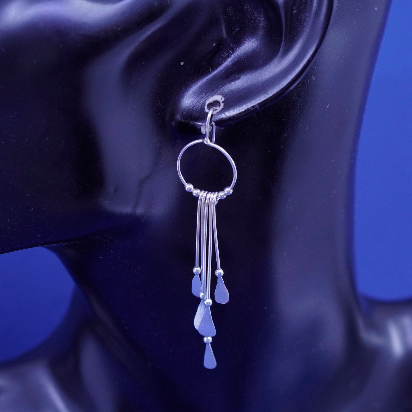 Vintage sterling silver handmade earrings, 925 fringe drops with beads