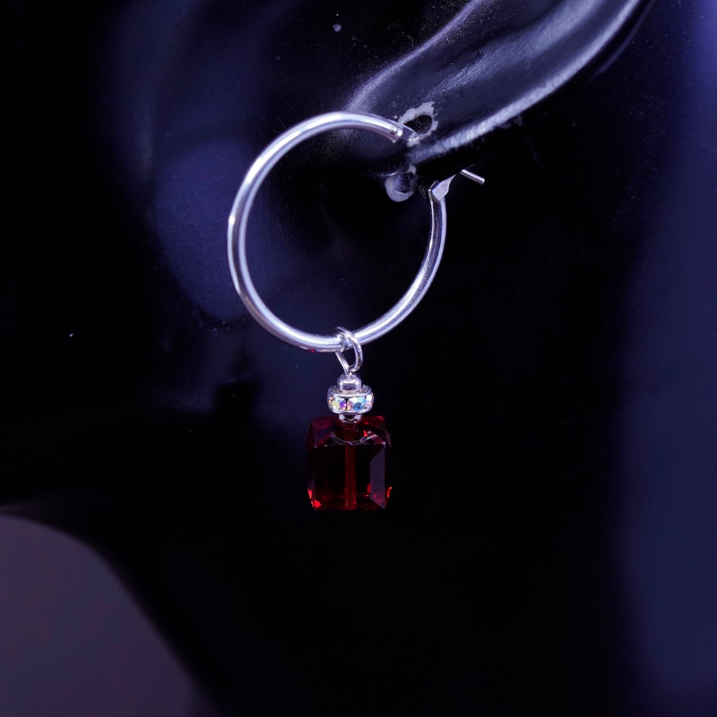 0.75”, vtg Sterling silver handmade hoops, 925 earrings with ruby cube and Cz