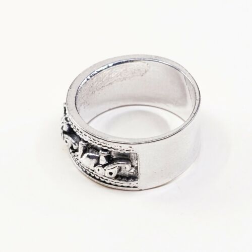 Sz 10, Vtg Sterling Silver Handmade Ring 925 Silver Band W/ Elephant Embossed